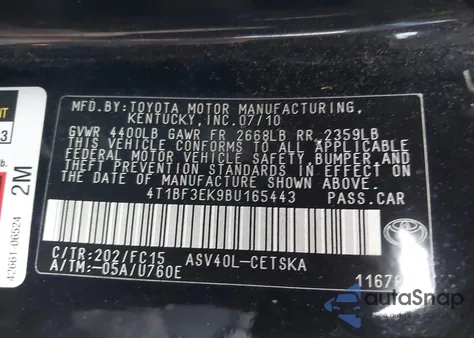 2011 Toyota Camry Se z USA, uszkodzony, nr VIN 4T1BF3EK9BU165443